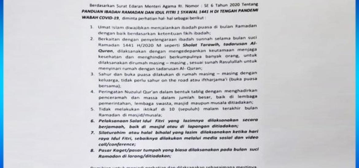Surat Edaran Panduan Ibadah Selama Bulan Ramadhan