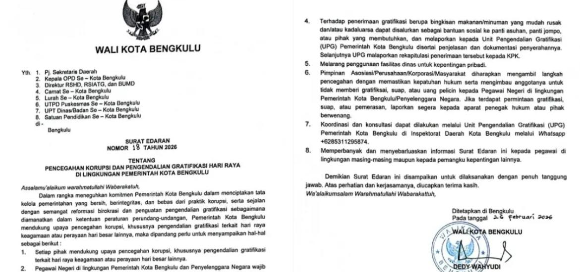 Surat Edaran Walikota Bengkulu