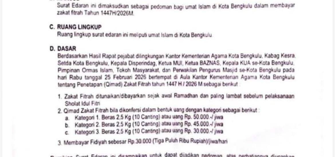 Surat edaran Zakat oleh kemenag kota bengkulu