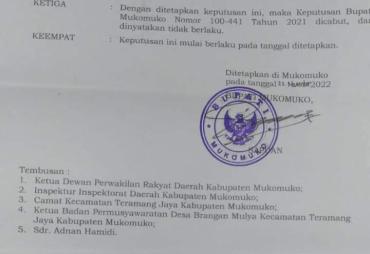 Bupati Mukomuko Resmi Cabut Masa Jabatan Kades Berangan…